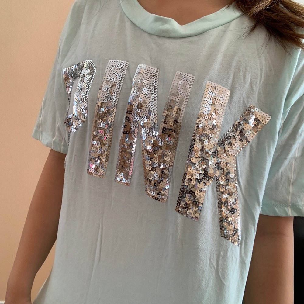 vs PINK mint sequined campus shirt